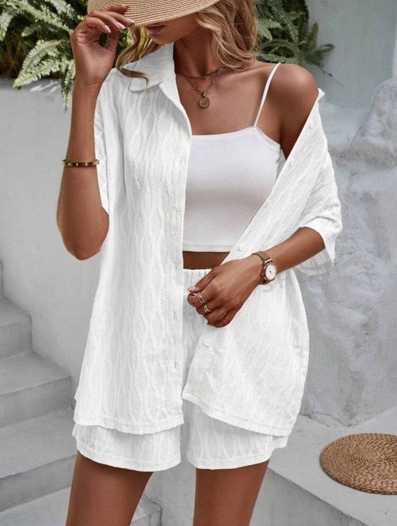 Compleu 2 piese, camasa maneca scurta, pantaloni scurti - White