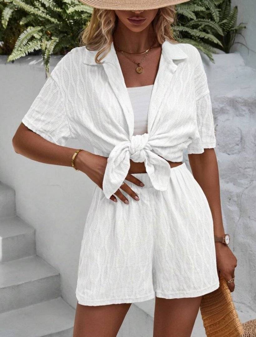 Compleu 2 piese, camasa maneca scurta, pantaloni scurti - White