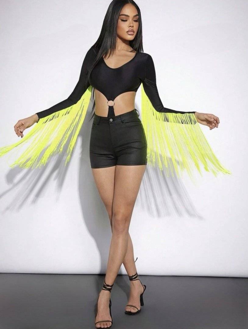 Costum de baie intreg / body - Black si  franjuri verde neon