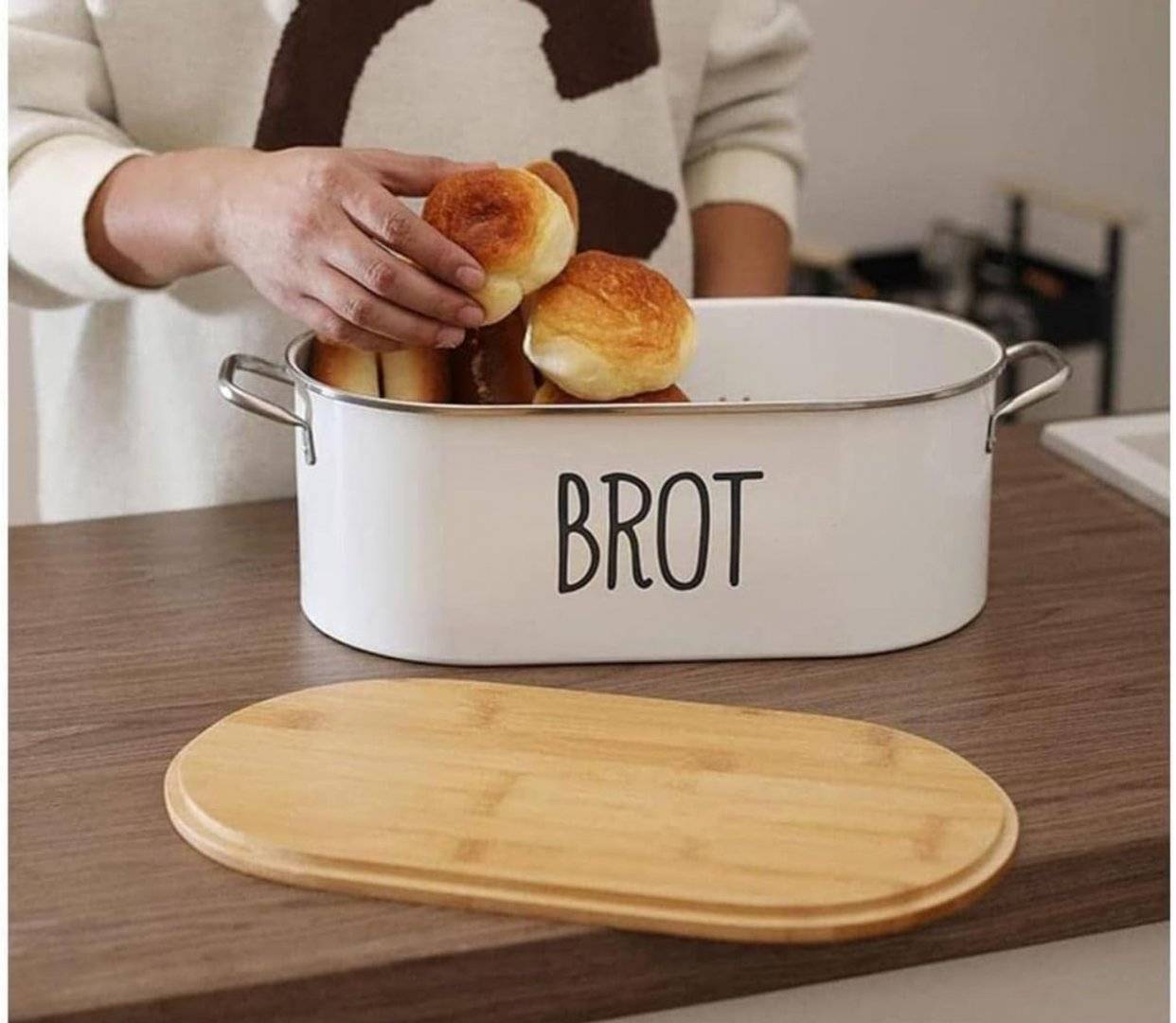 Cutie depozitare paine 2 in 1 din inox si capac bambus