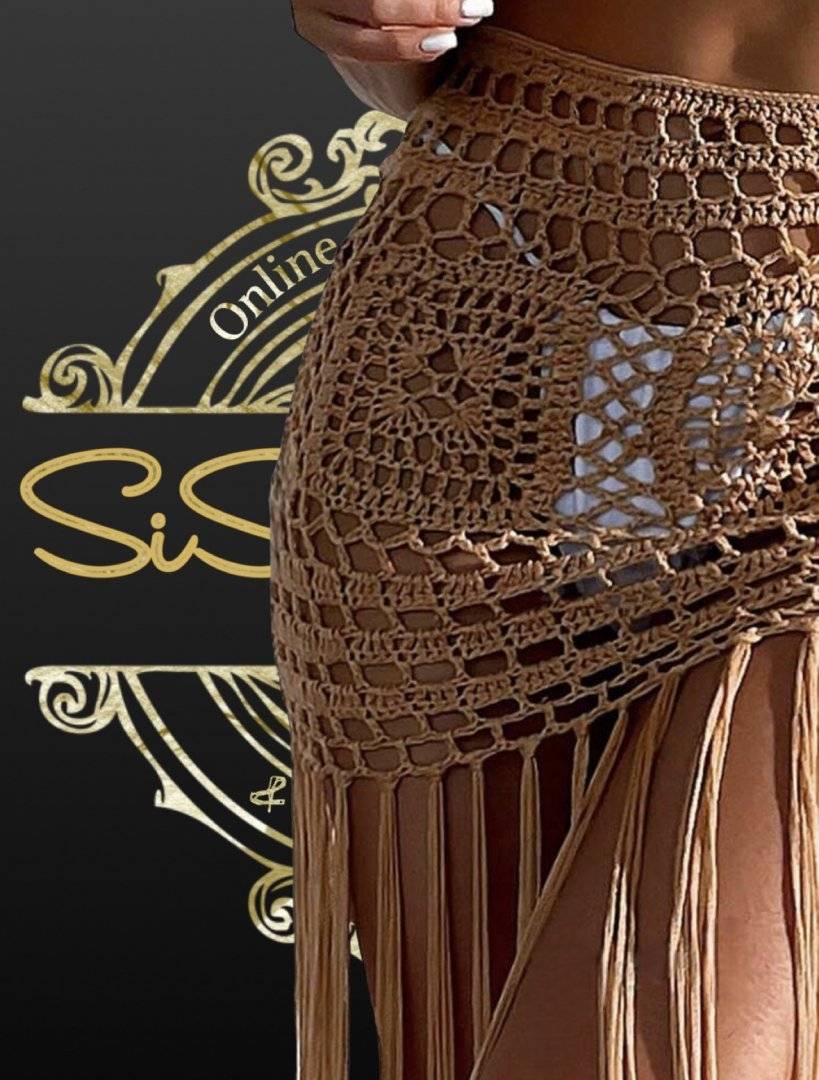 Fusta cu franjuri model crosetat - pentru plaja - Mocha brown