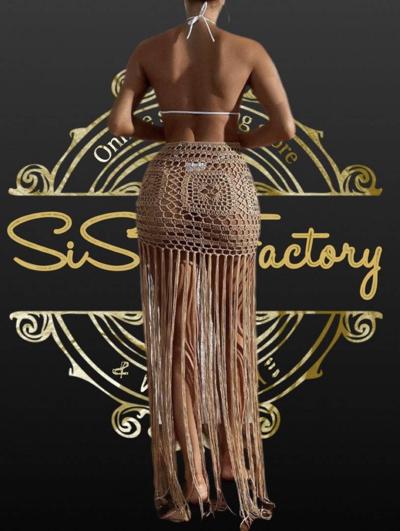 Fusta cu franjuri model crosetat - pentru plaja - Mocha brown