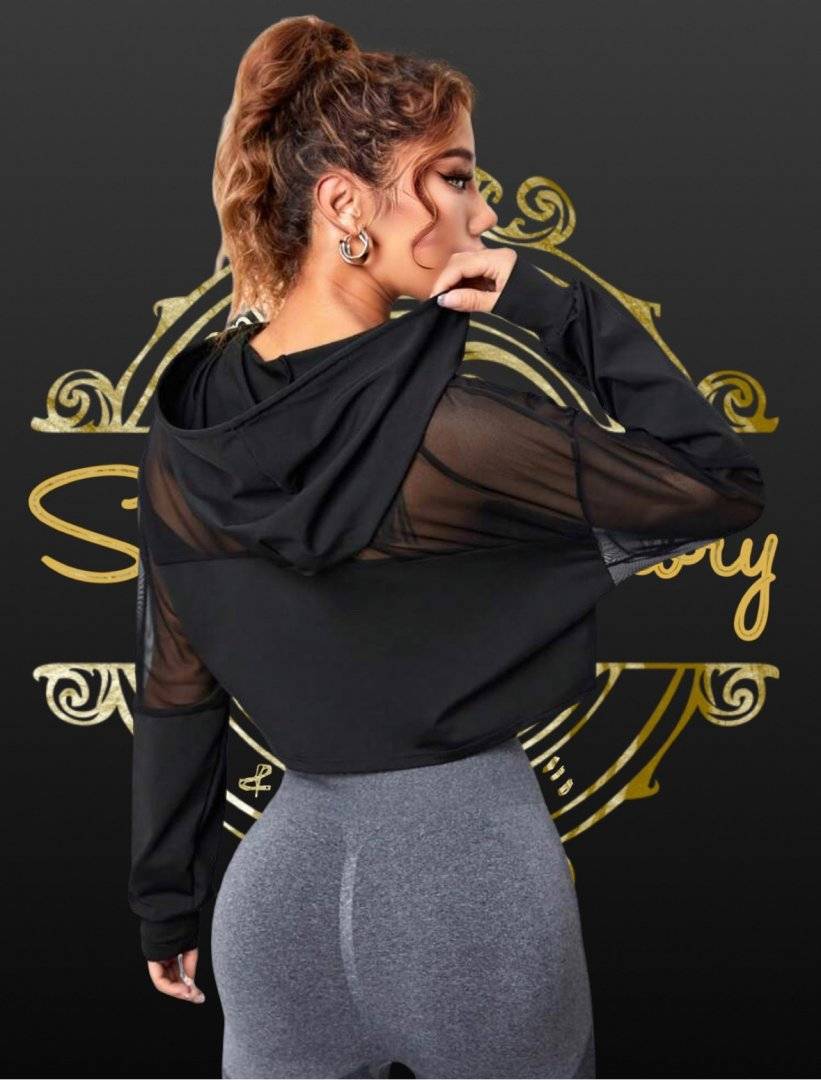 Jacketa sport cu insertie de plasa si gluga - Black