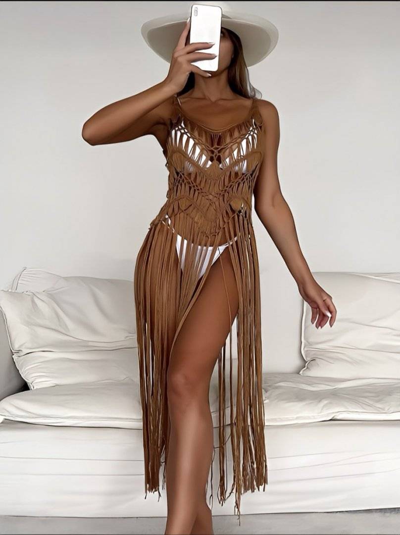 Kimono de plaja/festival cu franjuri - Mocha brown