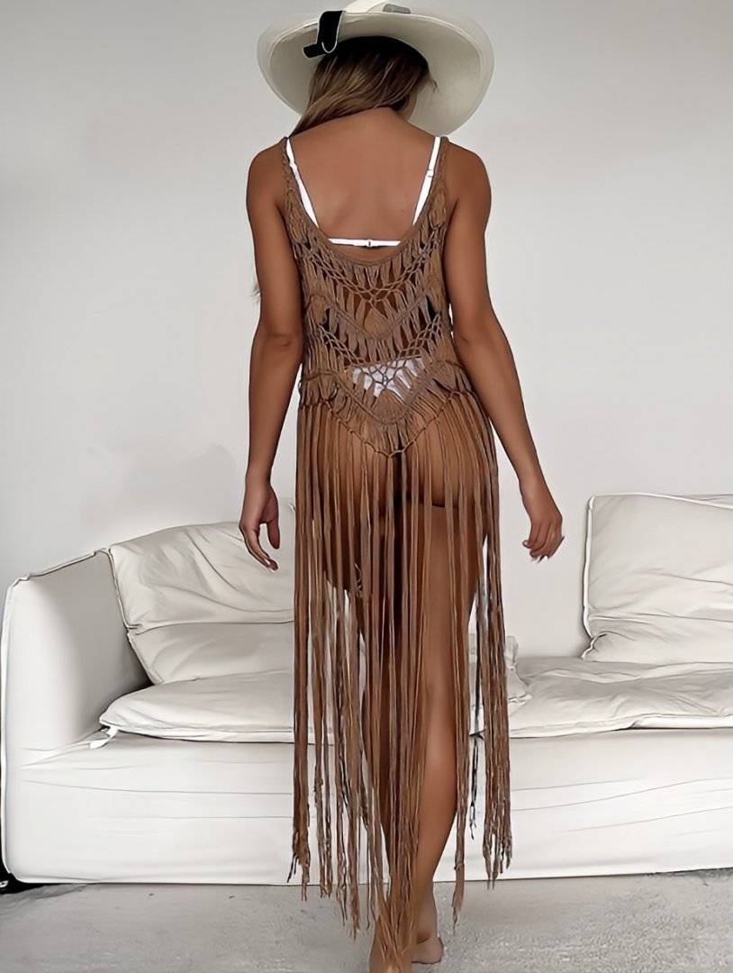 Kimono de plaja/festival cu franjuri - Mocha brown