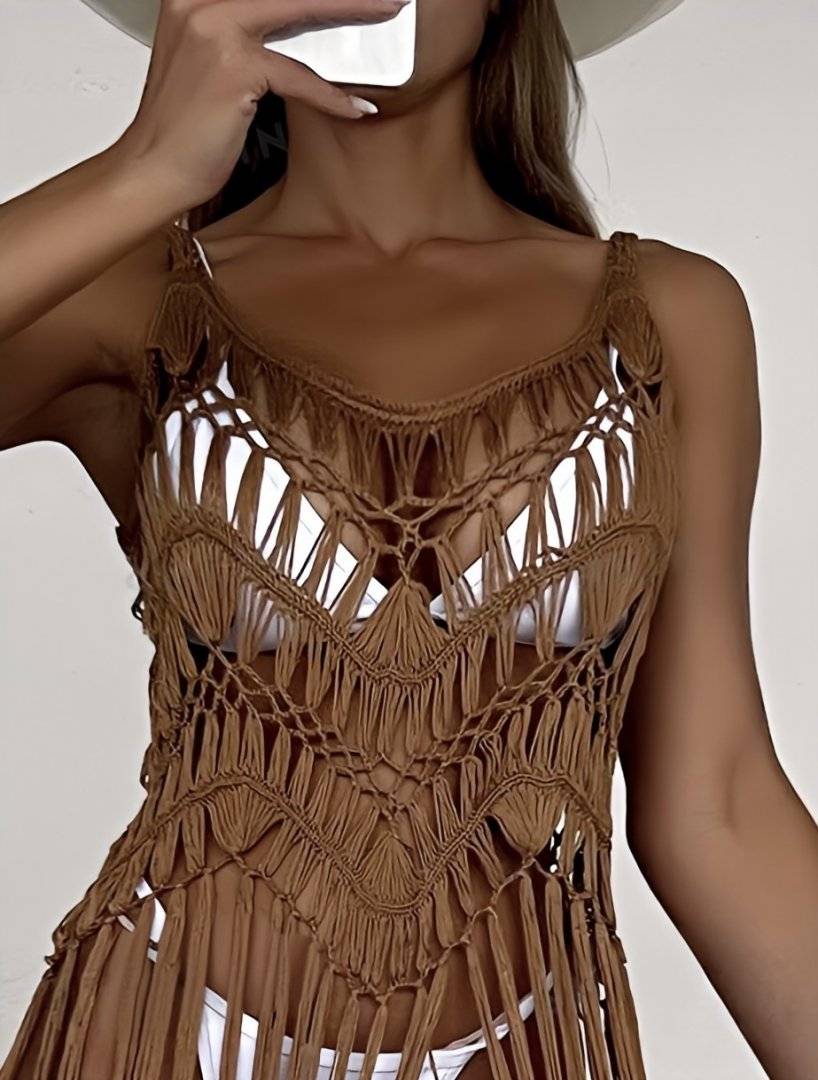 Kimono de plaja/festival cu franjuri - Mocha brown