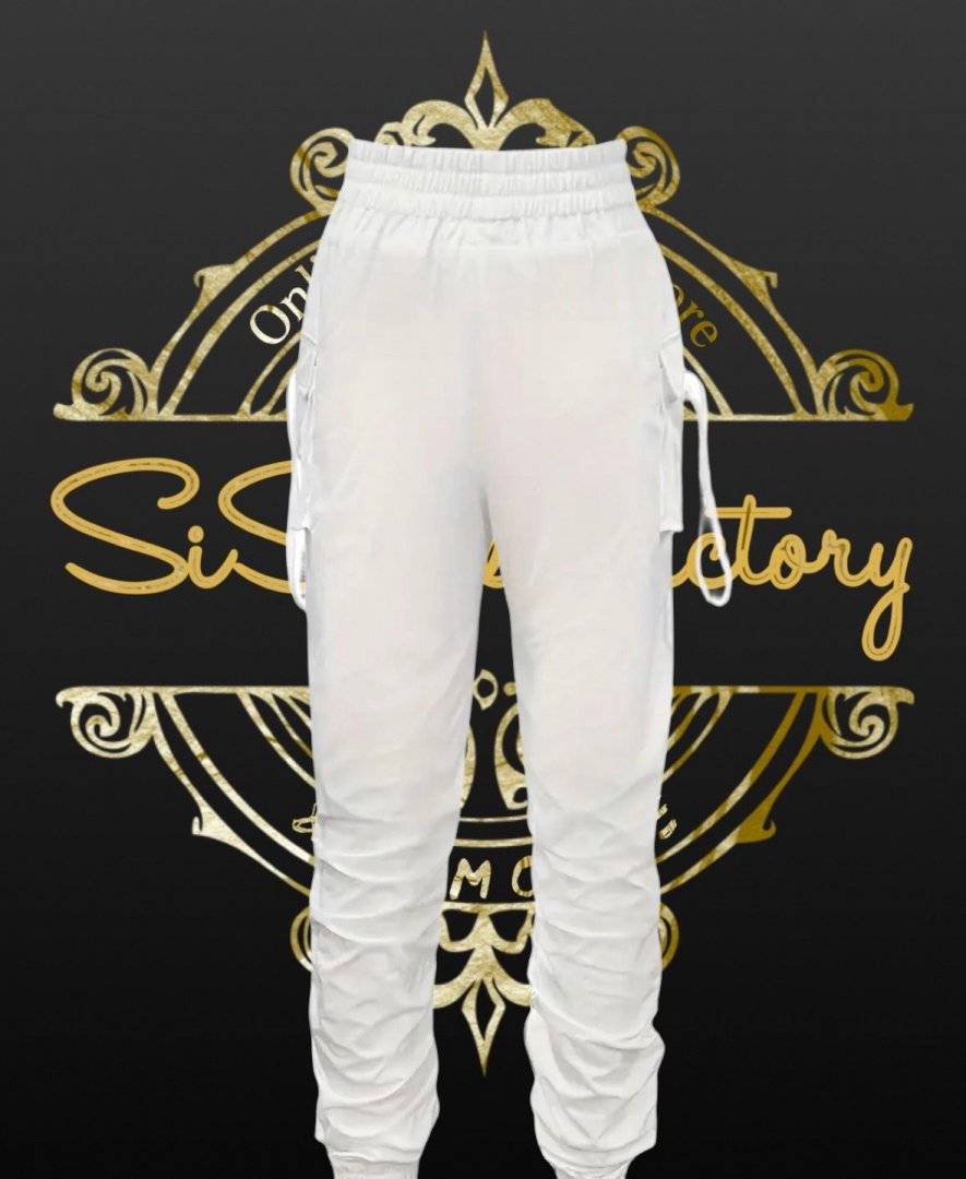 Pantaloni cargo cu snur - White