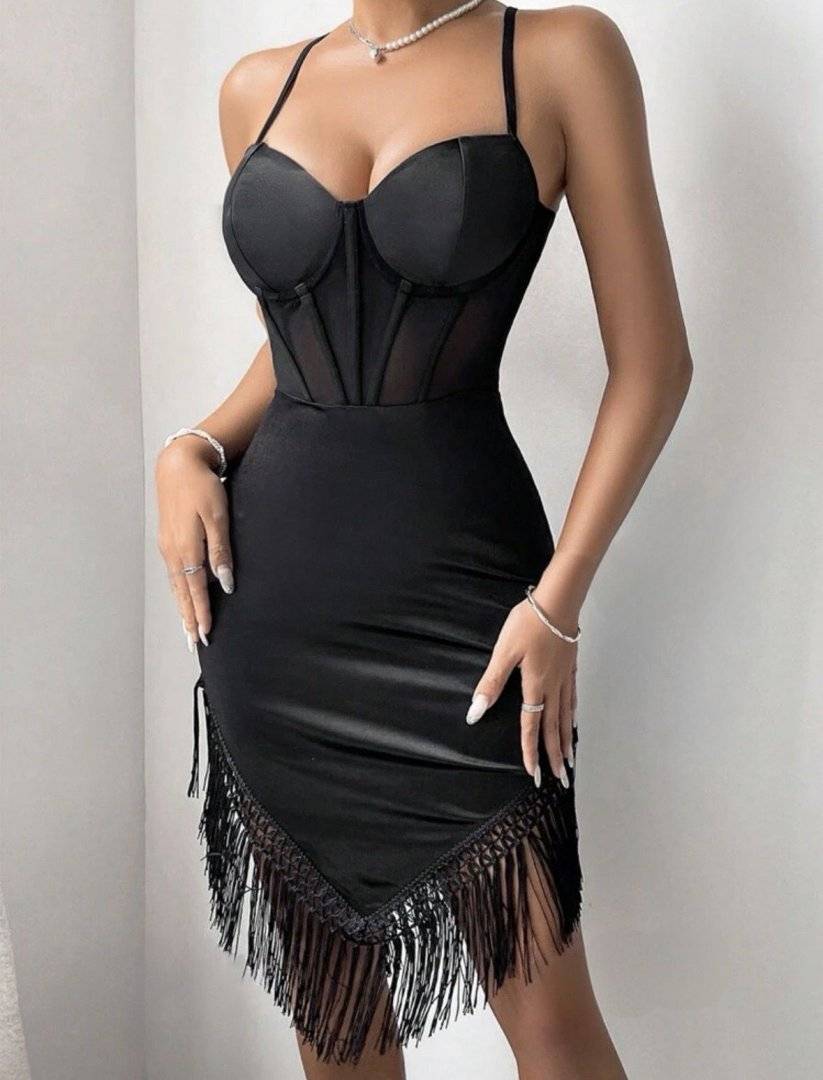 Rochie asimetrica din satin elastic, corset si franjuri - Black