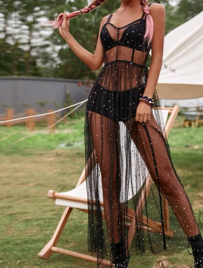 Rochie din plasa fina si sclipici auriu elegant, pentru festival/party - Black