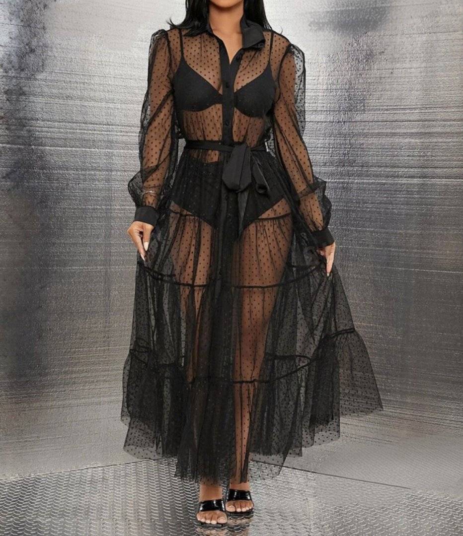 Rochie din voal fin cu insertii punctate 3D - Black