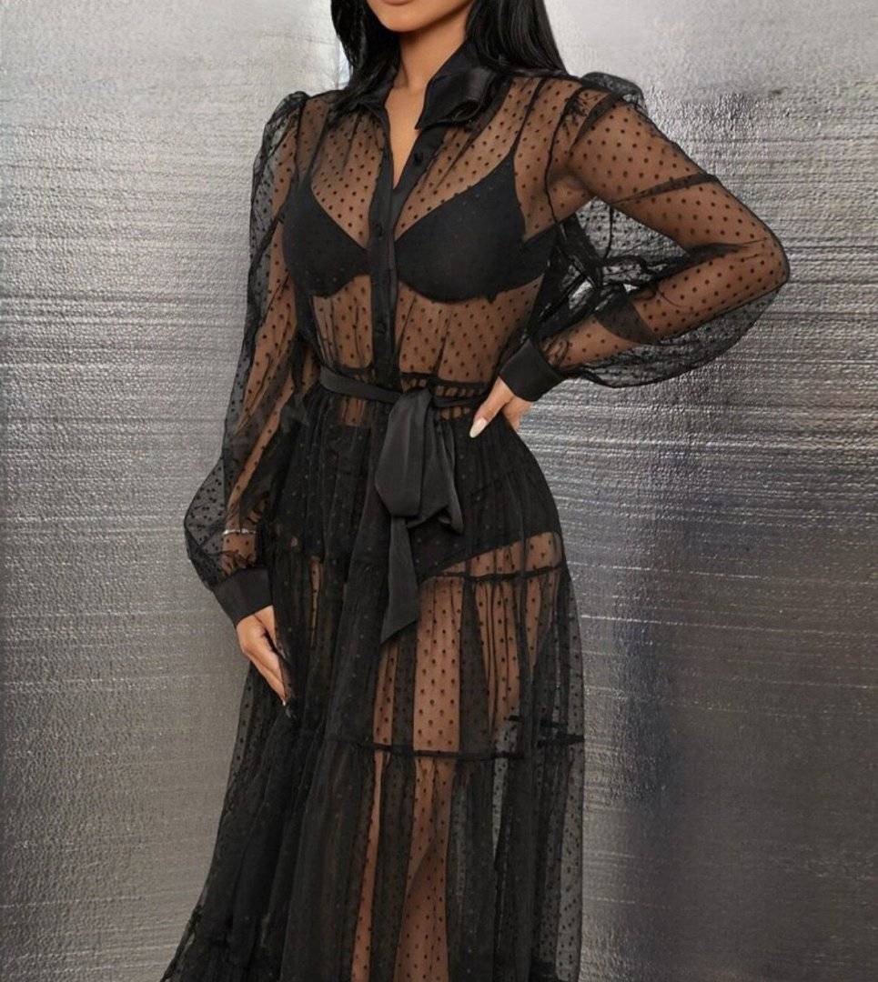 Rochie din voal fin cu insertii punctate 3D - Black