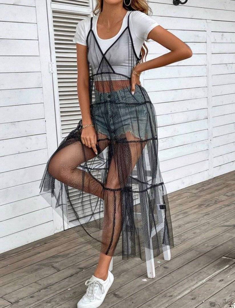 Rochie transparenta ideala festival - cu sclipici fin argingtiu - Black
