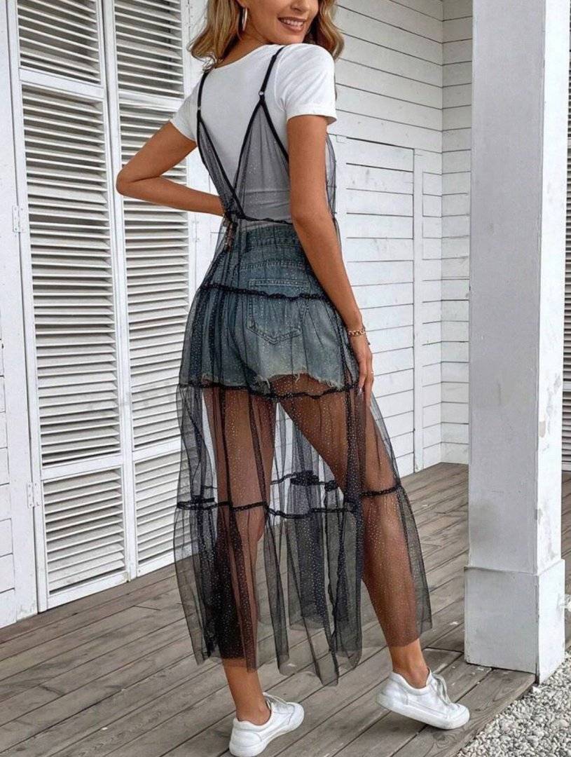 Rochie transparenta ideala festival - cu sclipici fin argingtiu - Black