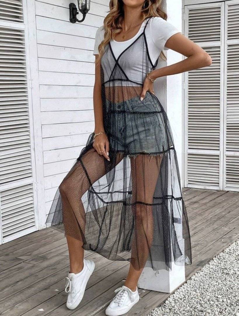 Rochie transparenta ideala festival - cu sclipici fin argingtiu - Black