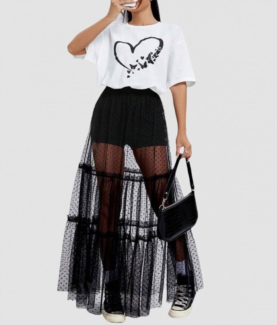 Set doua piese - tricou si fusta de plasa - Black and White