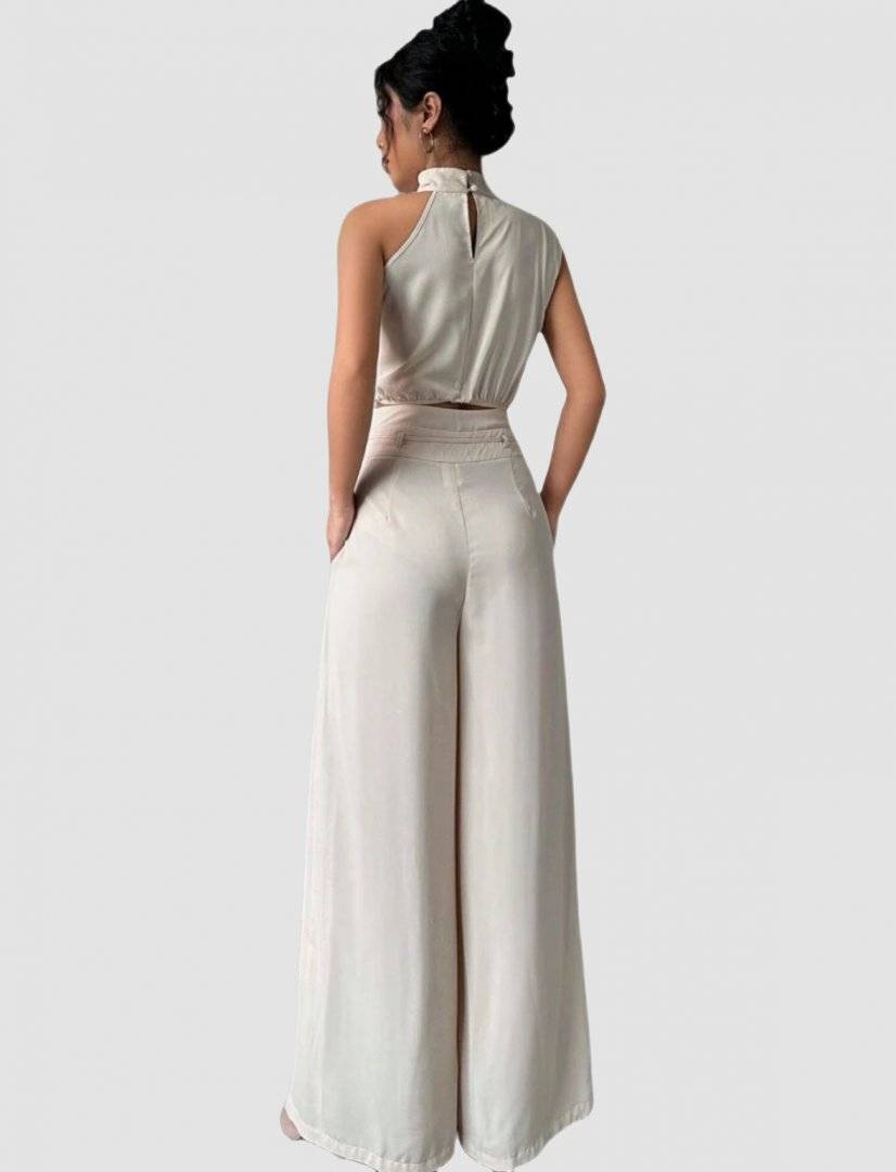 Set doua piese, pantalon si camasa fara maneci - Beige