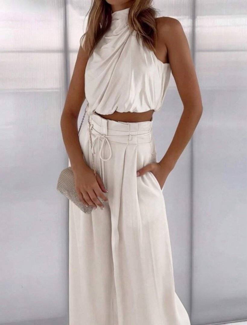 Set doua piese, pantalon si camasa fara maneci - Beige