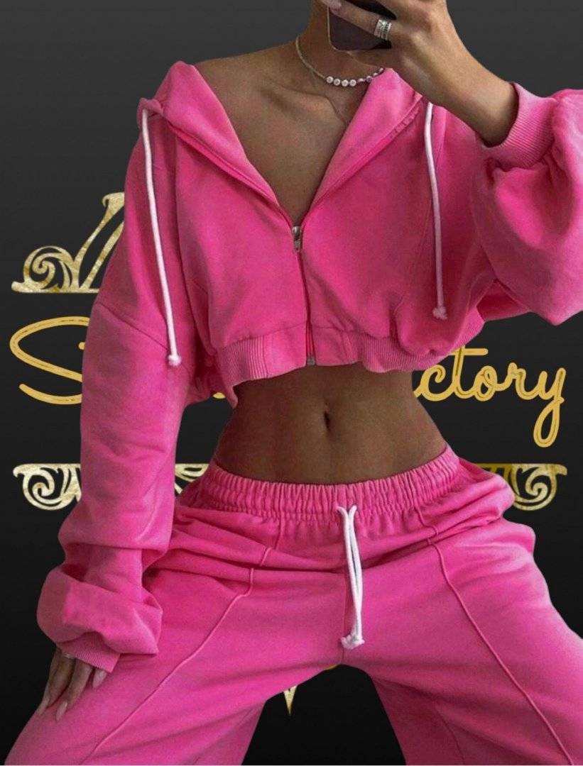 Trening boyfriend bluza crop, pantaloni bufanti -  Roz  Fuchsia 