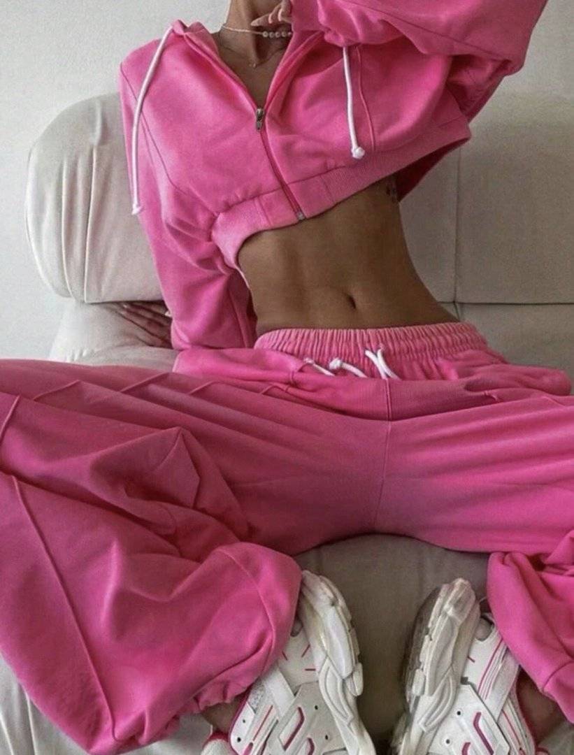 Trening boyfriend bluza crop, pantaloni bufanti -  Roz  Fuchsia 