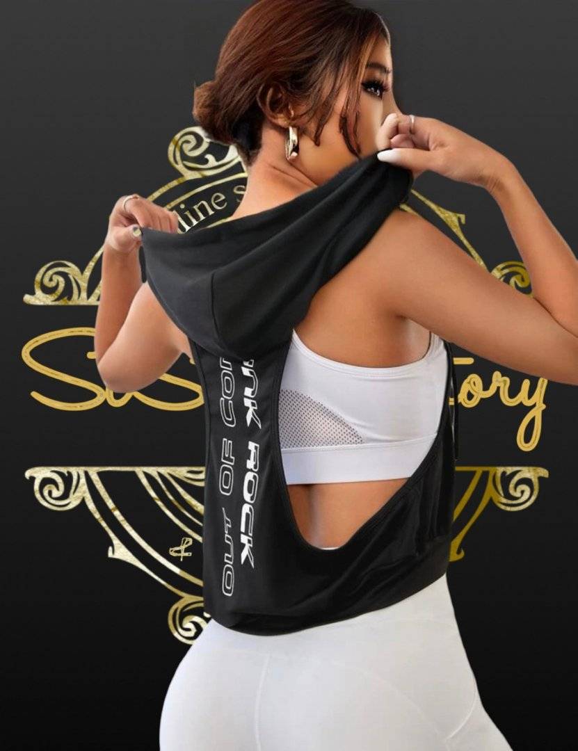 Tricou sport cu gluga fara maneci - tip vesta - Black