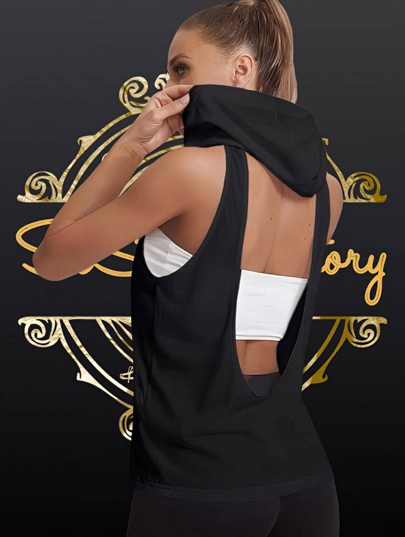 Tricou sport cu gluga si decupaj la spate - Black