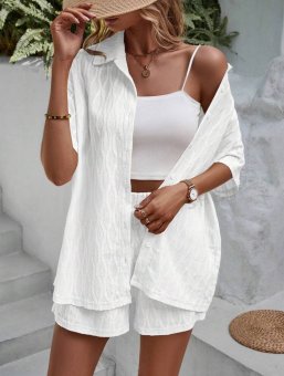 Compleu 2 piese, camasa maneca scurta, pantaloni scurti - White
