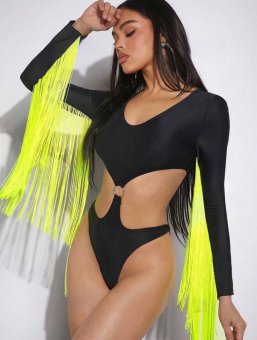 Costum de baie intreg / body - Black si  franjuri verde neon