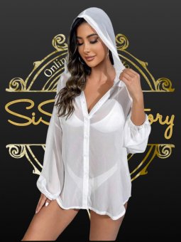 Kimono de plaja cu nasturi in fata si gluga - White