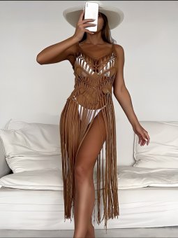 Kimono de plaja/festival cu franjuri - Mocha brown
